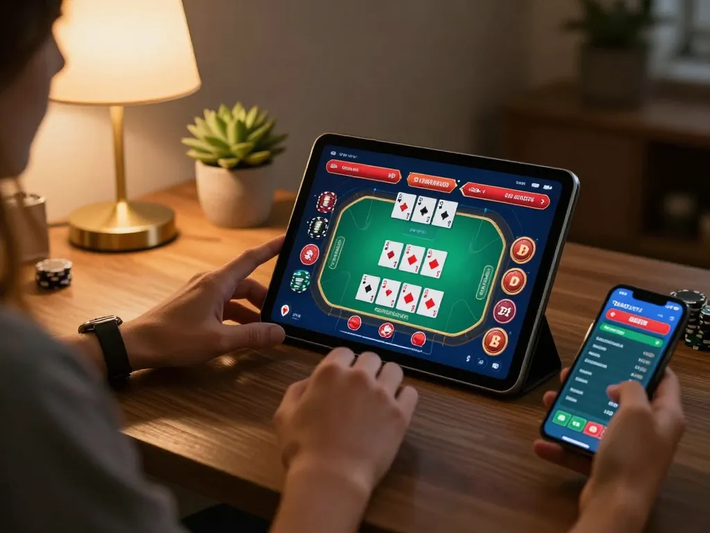 Engaged player strategizing for thabet online poker game on tablet at cozy home.