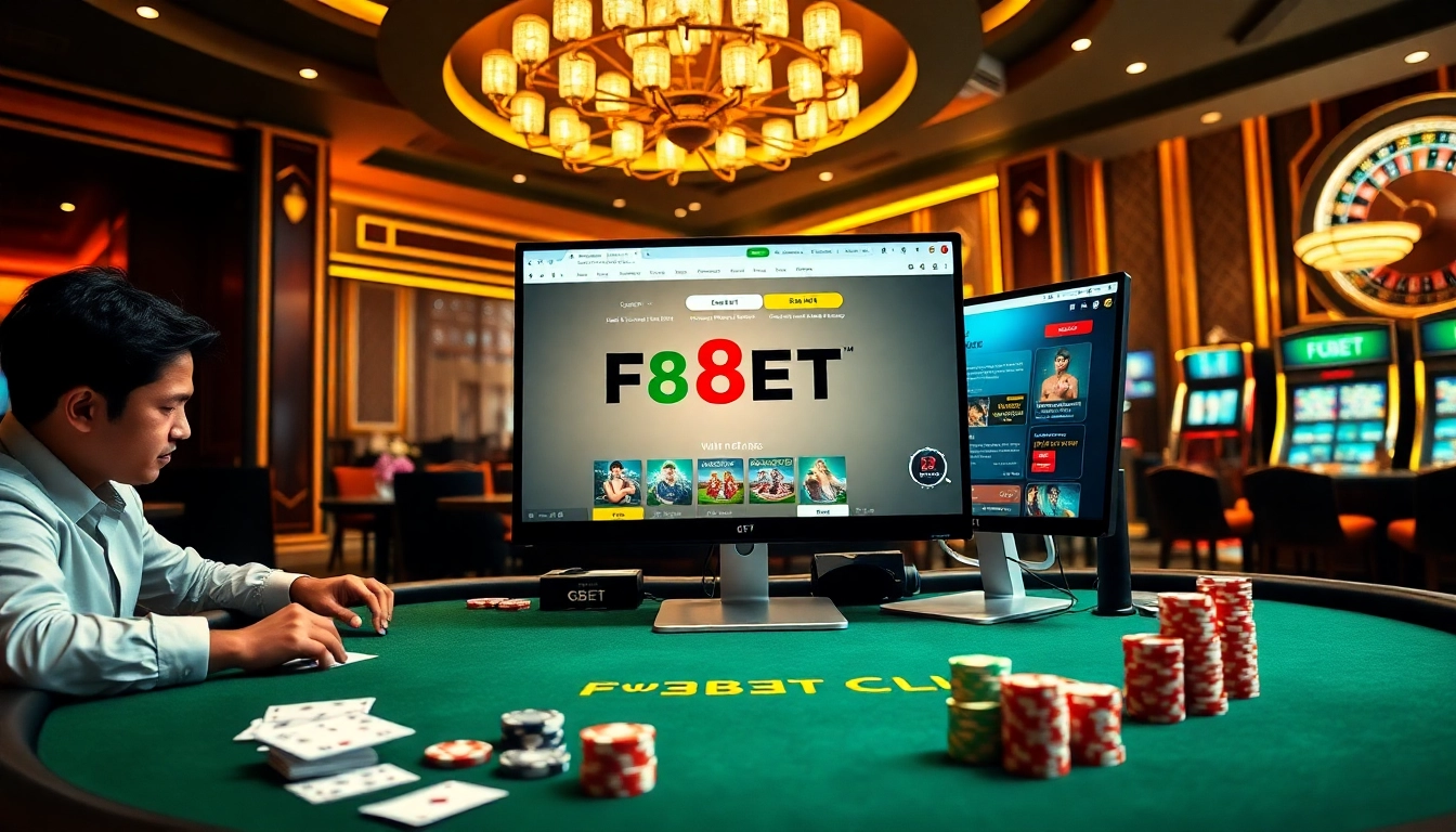 Engaging online gambling at F8BET with vibrant poker and roulette tables, inviting players to join.