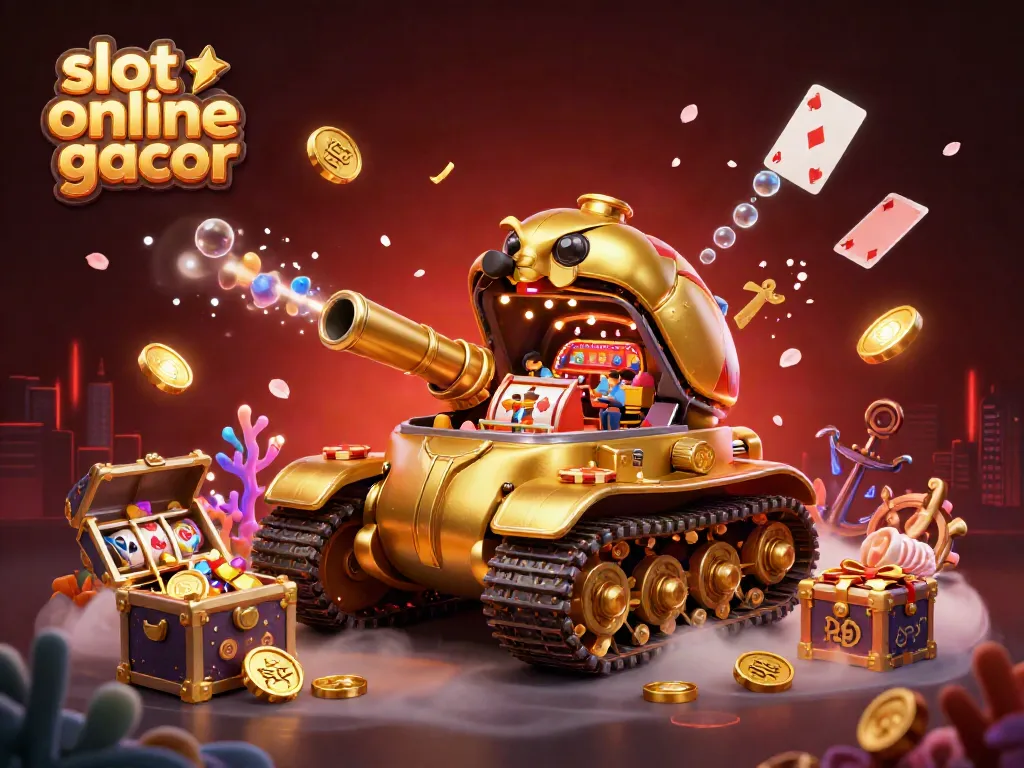 Experience slot online gacor with this dynamic 3D illustration of a golden beetle tank casino bursting with excitement and treasure.