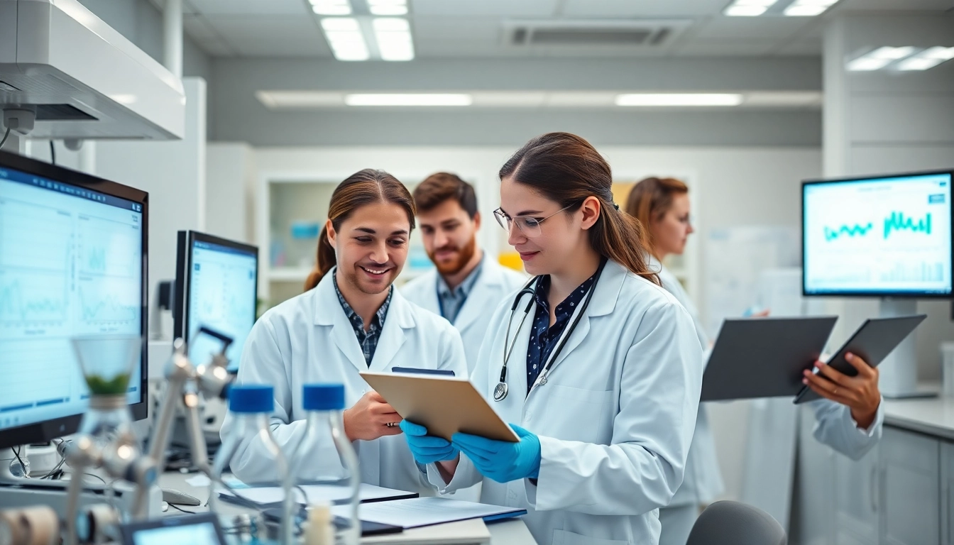 Researchers actively engaged in the ADAPTABLE Aspirin Study, showcasing collaboration in a modern lab environment.