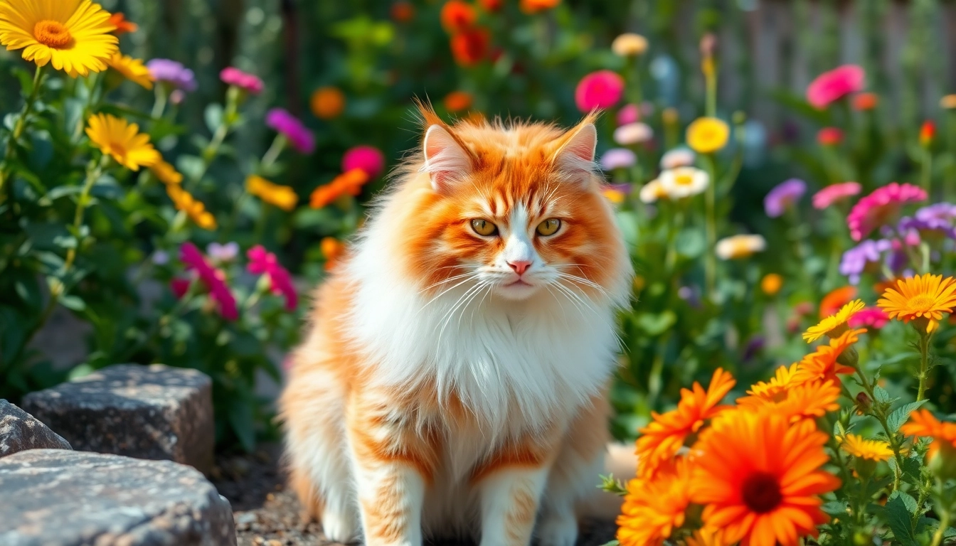 Explore Maine Coon cats for sale, showcasing a majestic feline in a vibrant garden setting.
