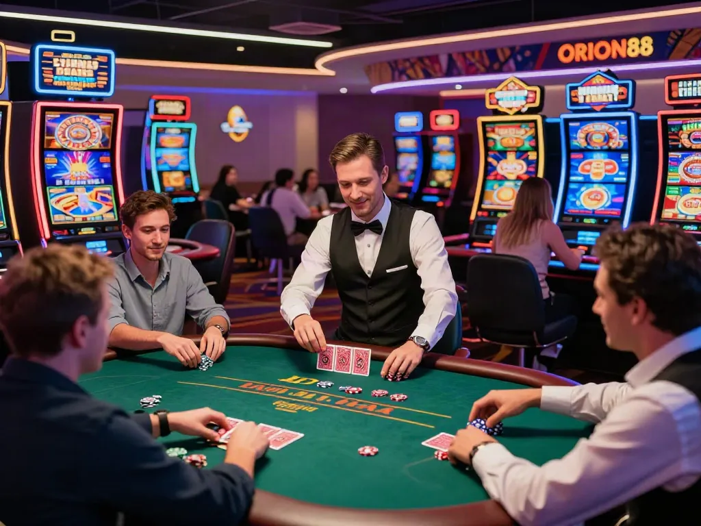 Engaging ORION88 online gambling scene with players enjoying table games and slots.