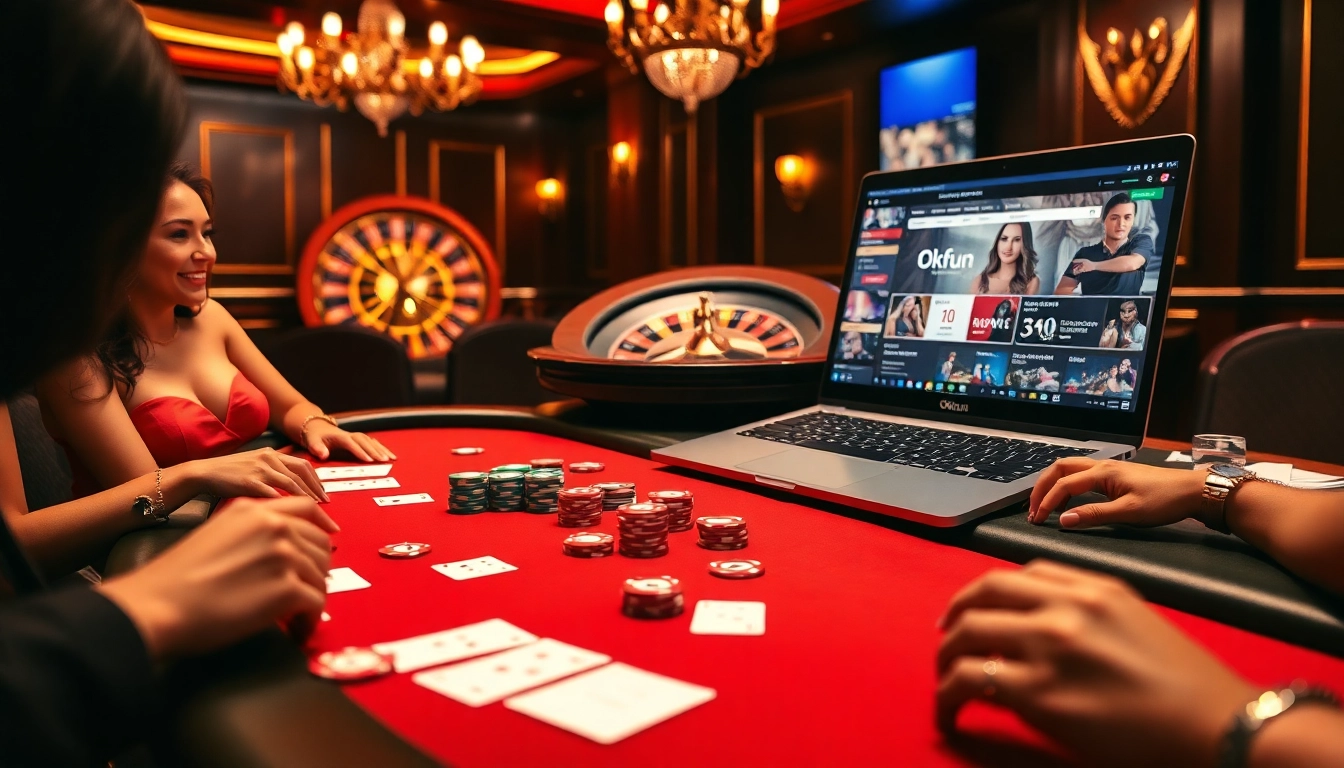 Players enjoying a high-stakes poker game at Okfun's premium online casino, showcasing vibrant chips and lively action.