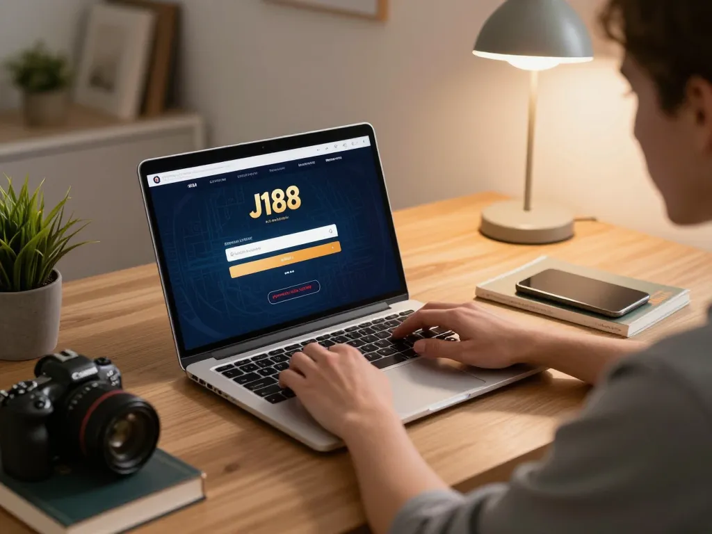 Login interface for đăng nhập J188 as player engages in online casino gaming in cozy home setup.