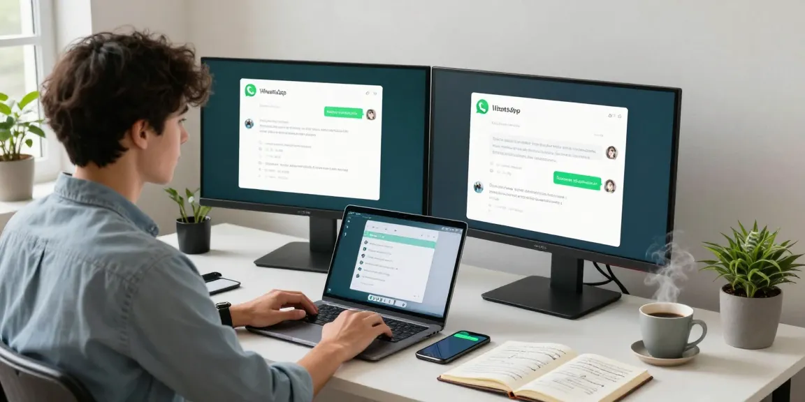 WhatsApp下載 illustration showcasing a modern workspace with dual monitors, a smartphone, and productivity elements.