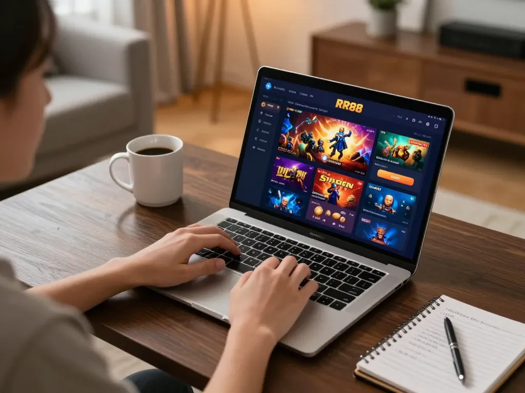 Engaging with the RR88 casino app on a modern laptop at home, showcasing online gambling integration.