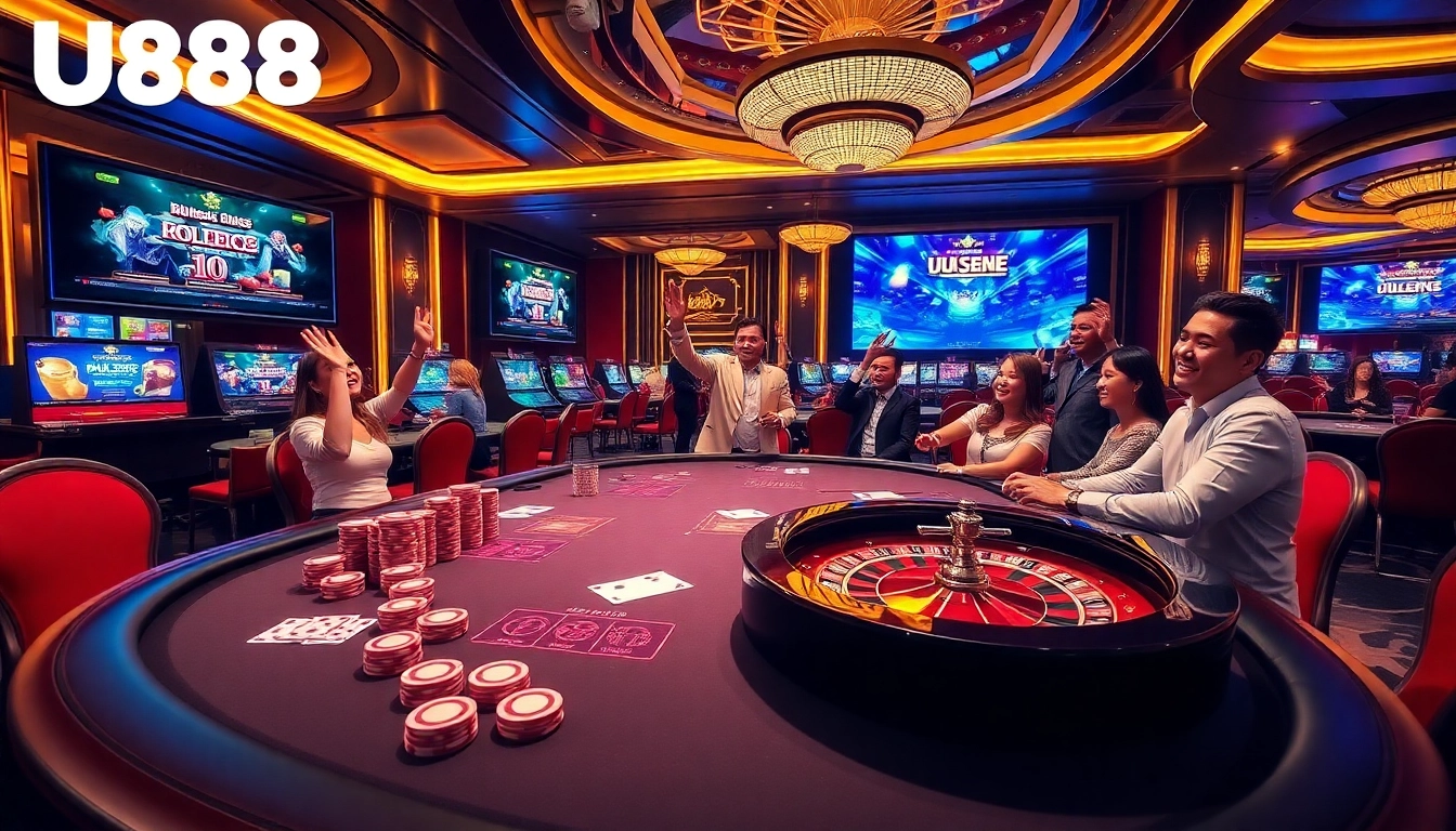 Experience the thrilling U888 casino atmosphere with players and vibrant gaming elements.