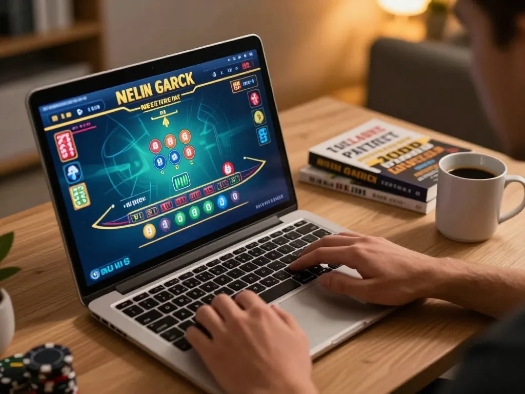 Player engaged in online blackjack betting on laptop, highlighting transcrime strategies for success.
