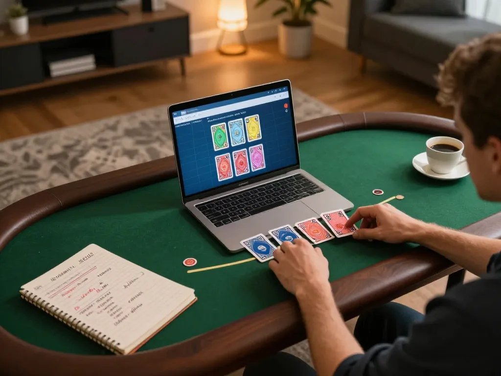 Player enjoying 32win's online blackjack, showcasing strategy in a cozy home setting