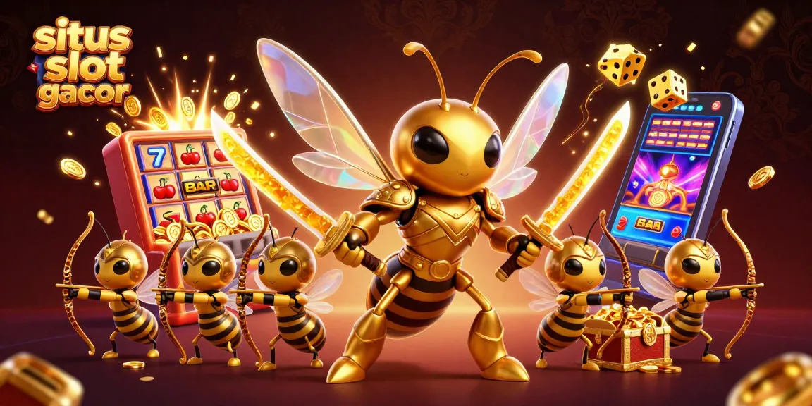 Engage with situs slot gacor through this dynamic illustration of a golden hornet and slot machine adventure.
