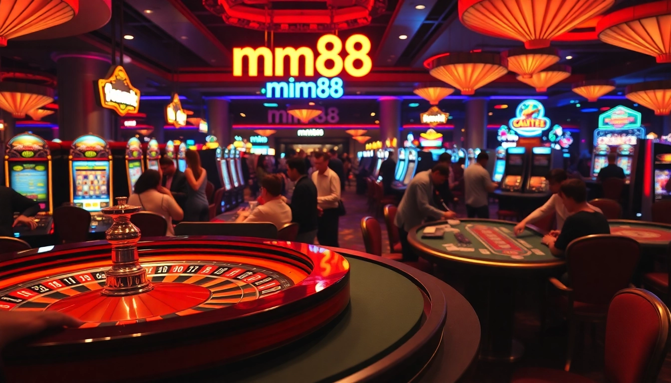 Experience mm88 excellence at this lively casino setting with players enjoying roulette, slots, and poker.