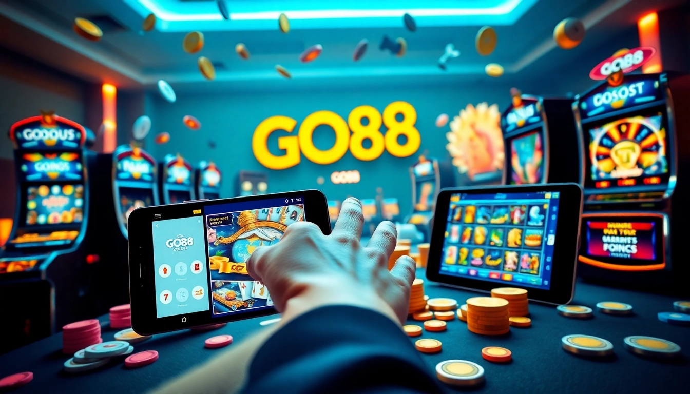 Experience the excitement of GO88 gaming with vibrant visuals of its app interface and dynamic game graphics.