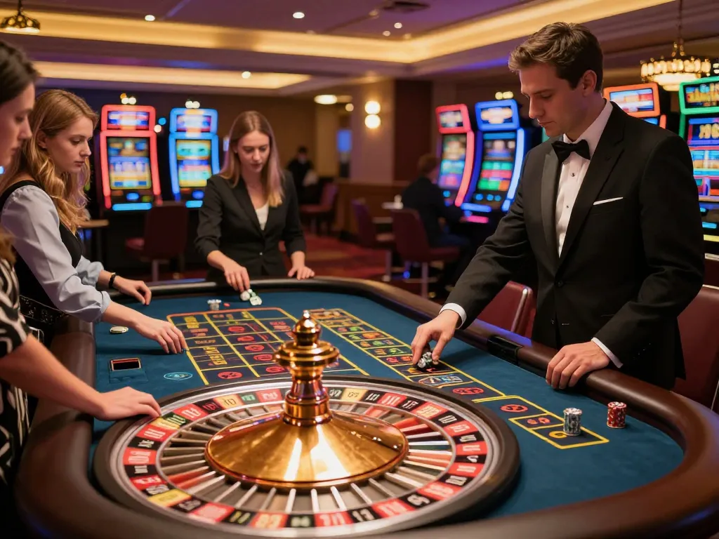 KJC roulette table gameplay with engaged players and dealer in a vibrant casino atmosphere.