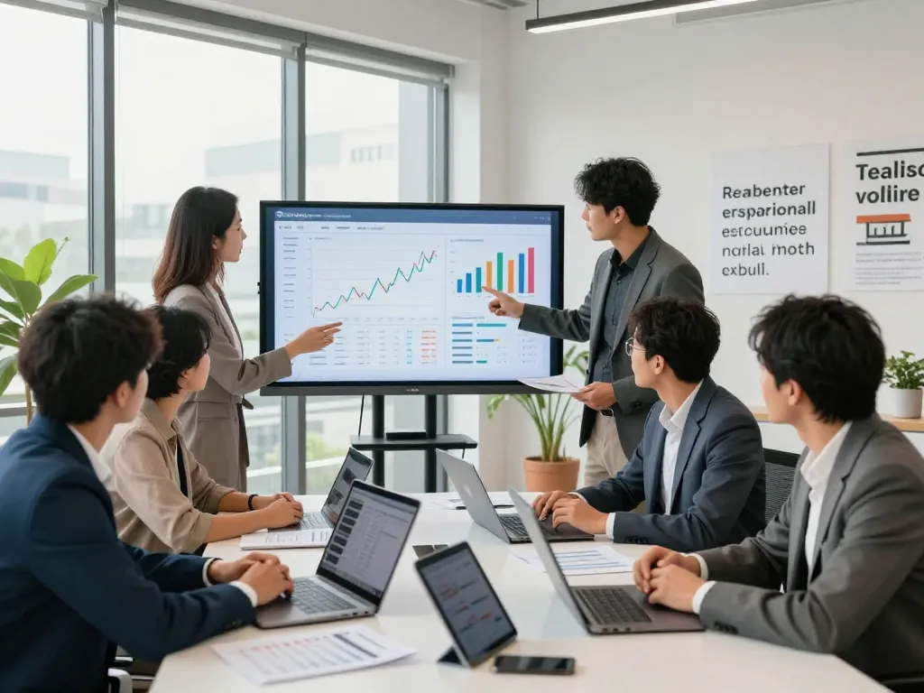 Collaboration among nationwide investors group in a modern office analyzing property listings.