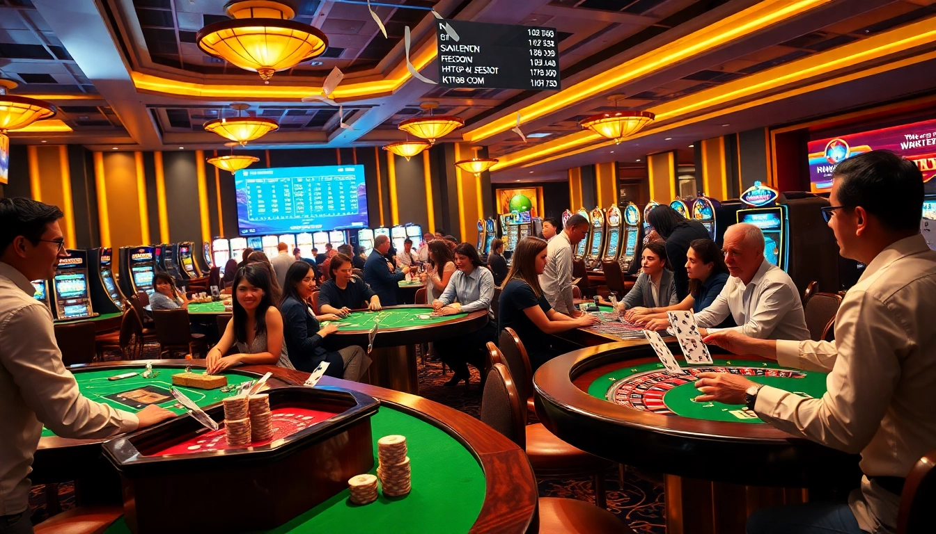 A thrilling casino atmosphere at https://ktr88.com/ where diverse players engage in poker and slot games.