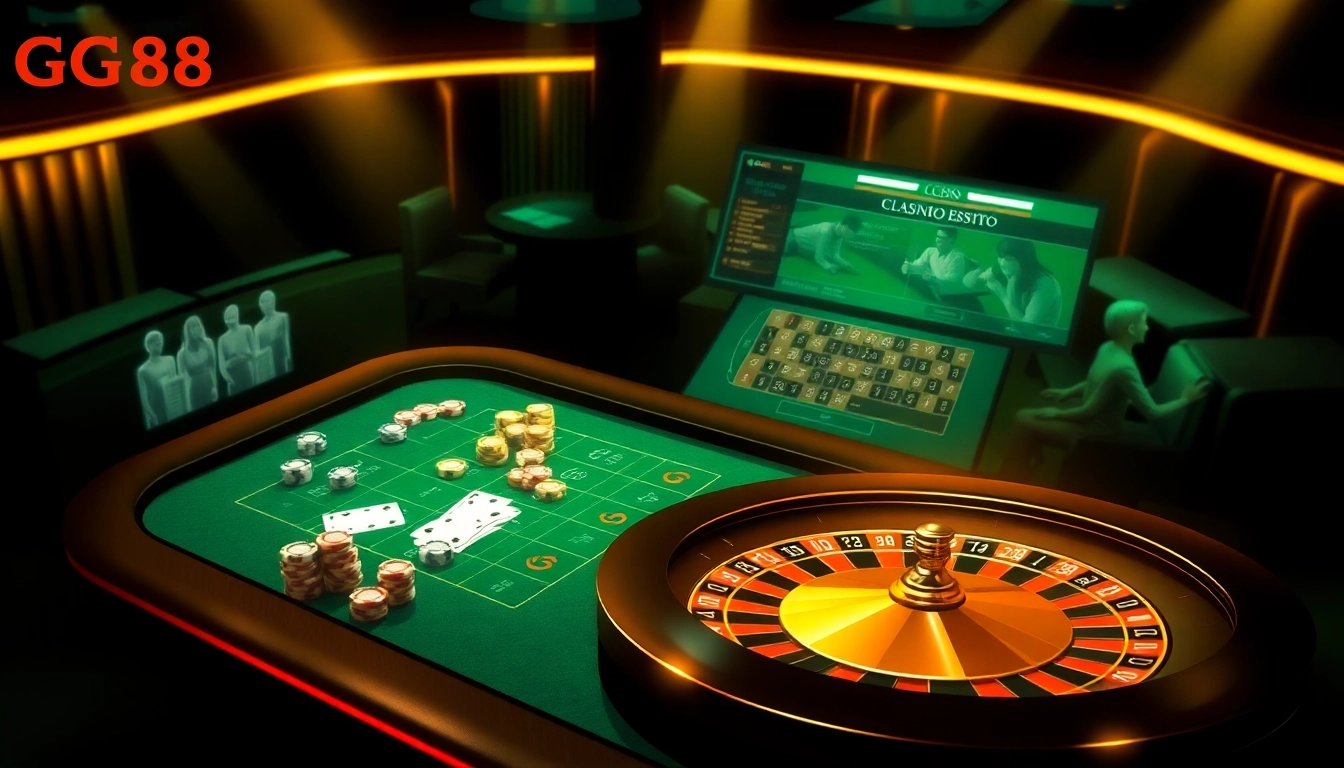 GG88 engaging players at a luxurious online casino with vibrant poker chips and roulette wheels.
