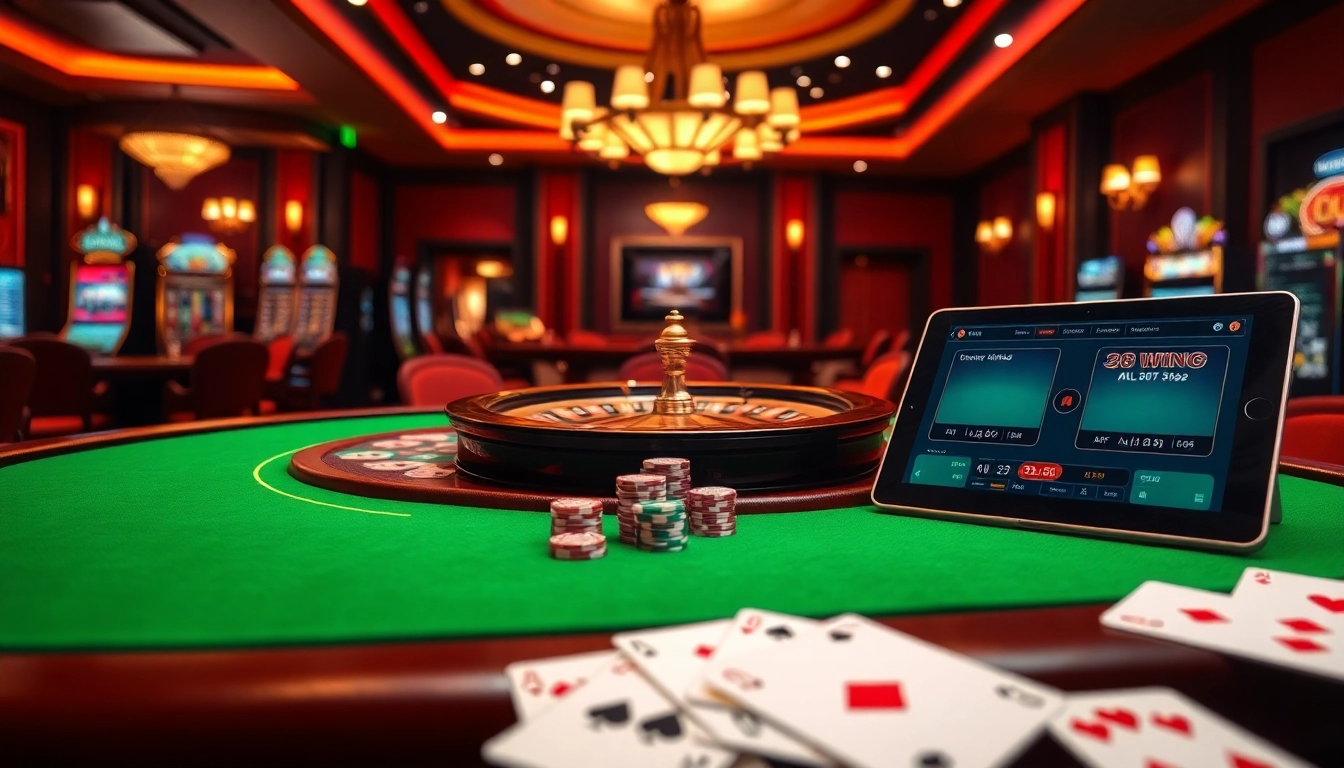 Play thrilling games at https://68wing.com with vibrant casino tables, exciting poker chips, and roulette wheels.