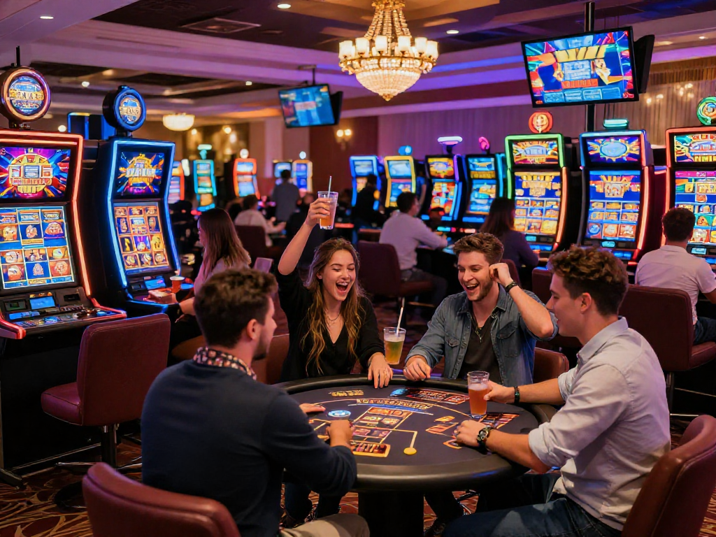 Exciting gaming scene showcasing USA casinos for UK player with diverse friends celebrating wins in a vibrant casino atmosphere.