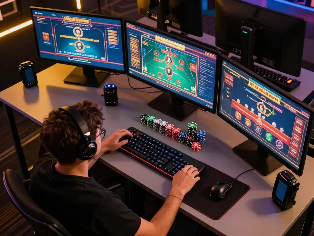 Engaged player enjoying multiple bgd33 online casino games on a modern desk setup