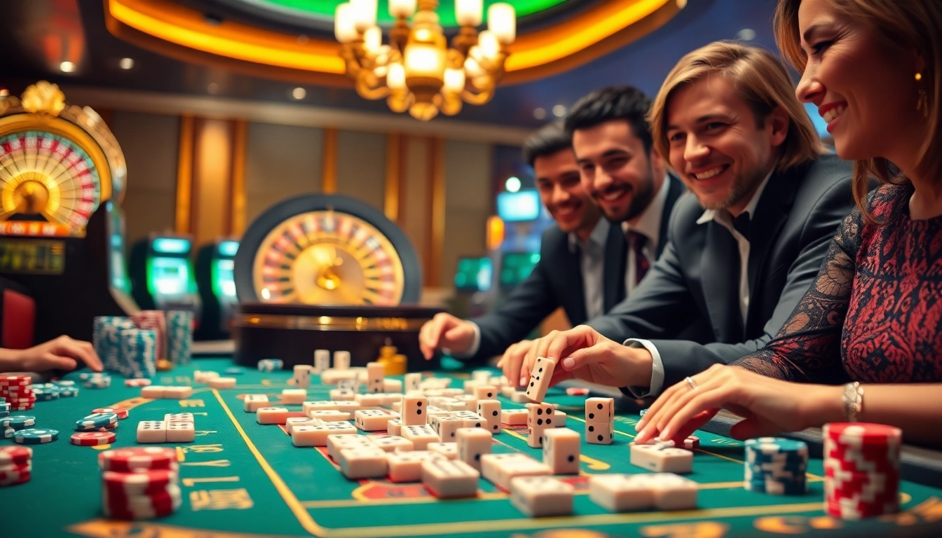 Engaging players enjoying a lively game of Dominoqiu at a luxurious casino table.