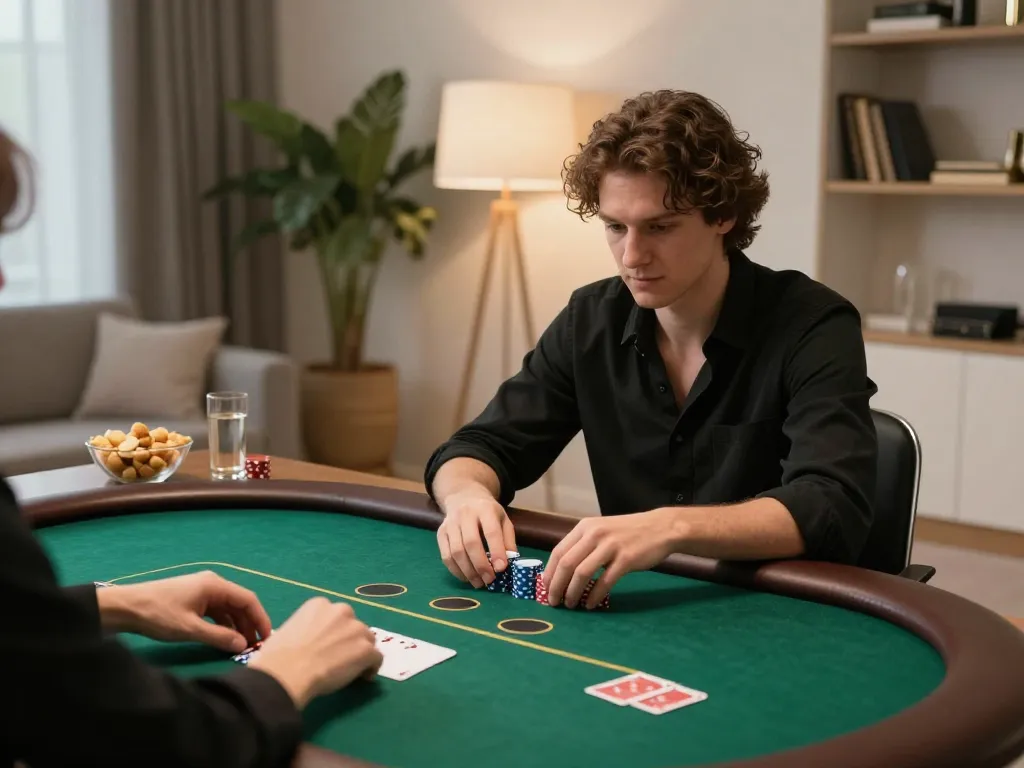 Engaging in strategic online poker at home with XO88 on laptop, showcasing responsible gaming atmosphere.