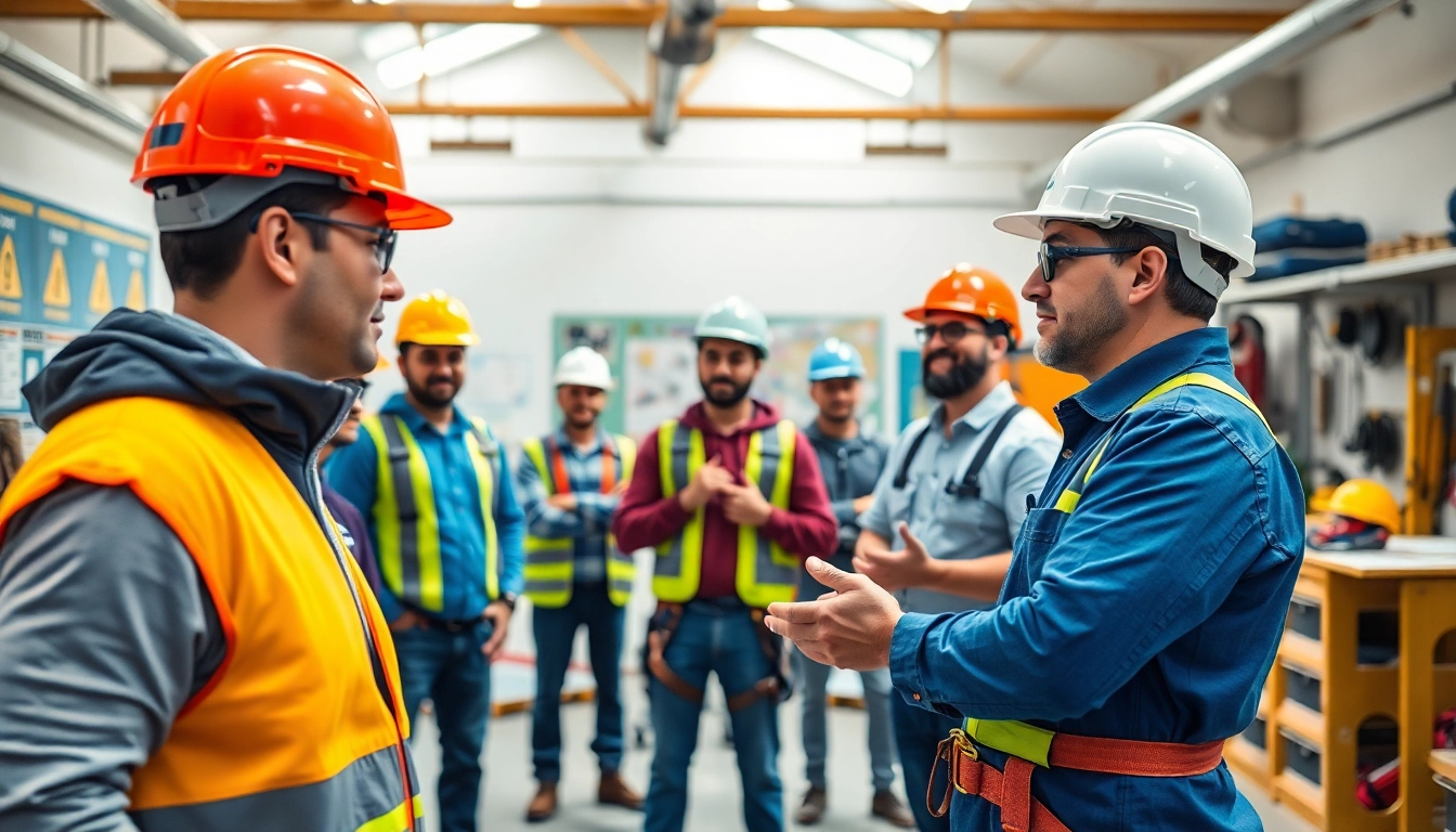 Engaged participants in construction safety training using proper safety gear and techniques.