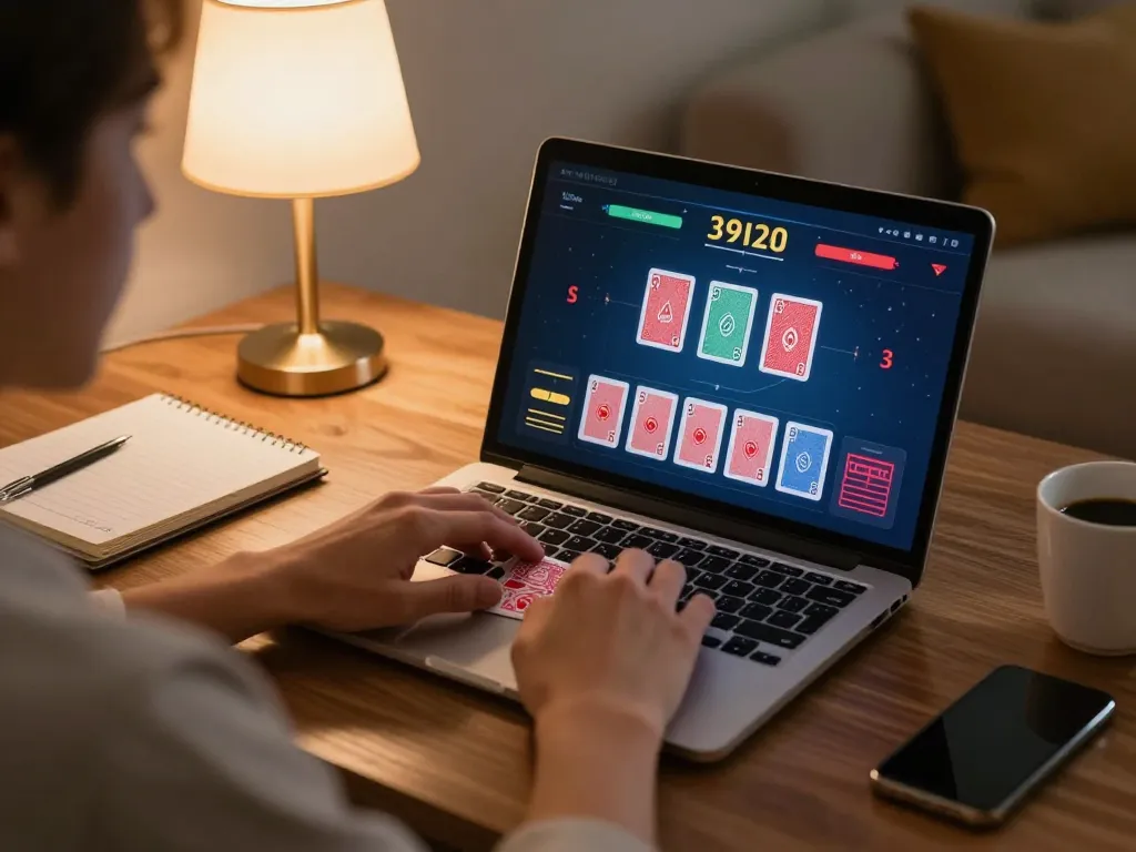 Person plays poker on ev999 at home, showcasing strategic gaming environment with cozy vibes.