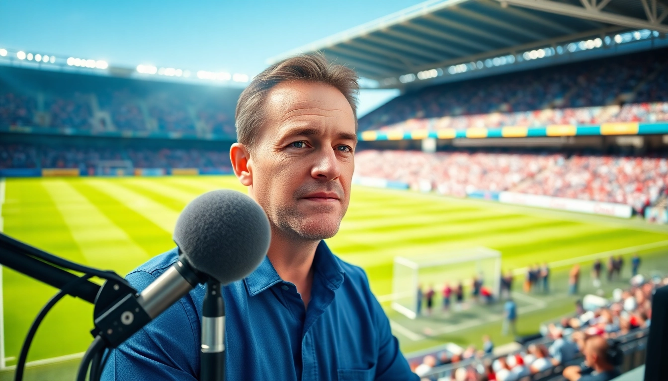 Engaging sports broadcasting scene with a commentator, microphone, and vibrant sports field.