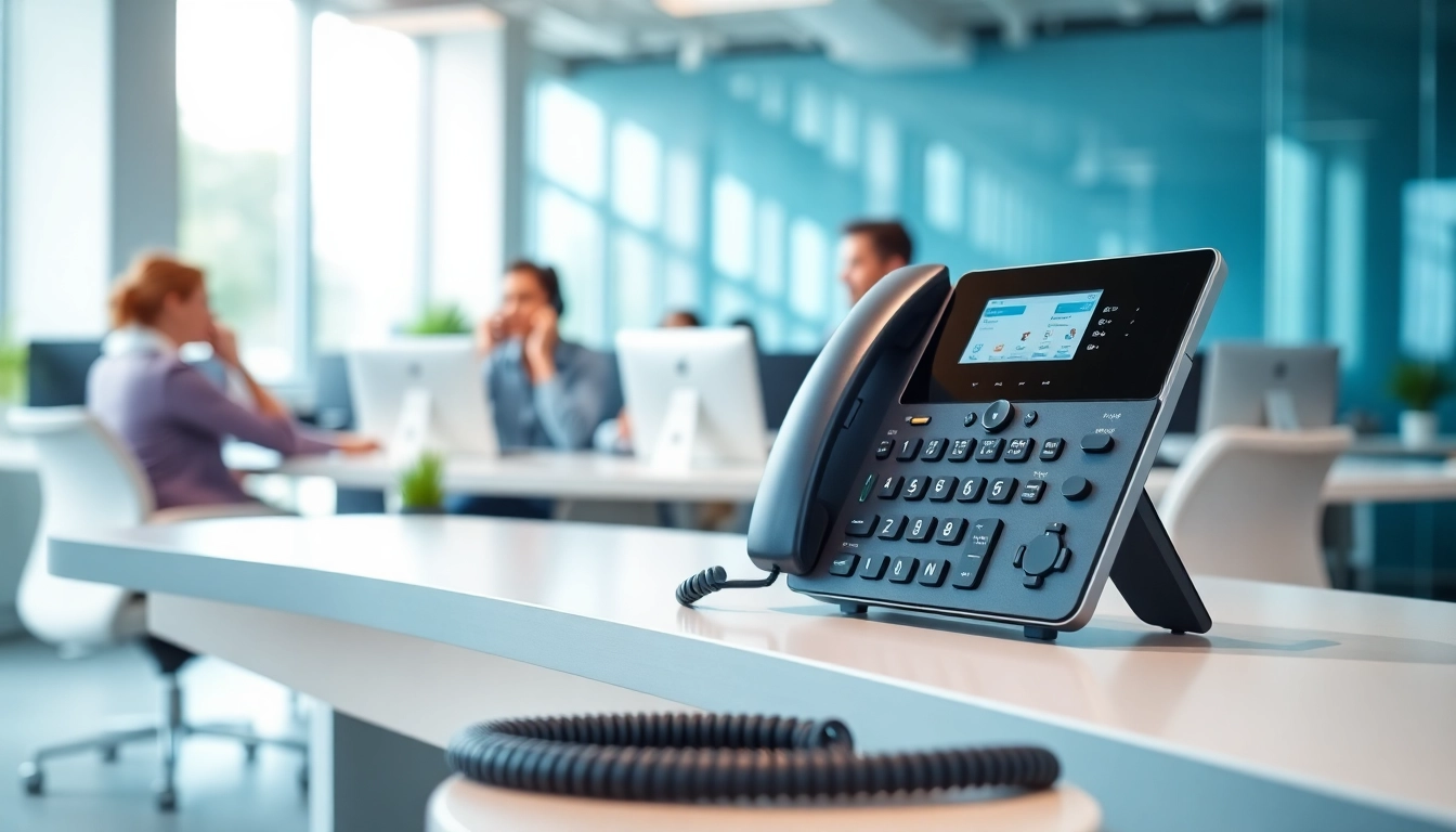 Utilize advanced business phone systems in a modern office setting with engaged employees.