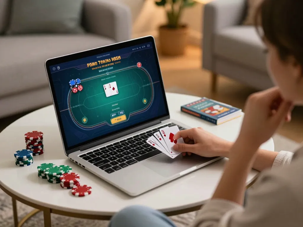 Engaging poker gameplay on NHÀ CÁI MAX88 through a laptop, surrounded by cozy home environment and strategic thinking.