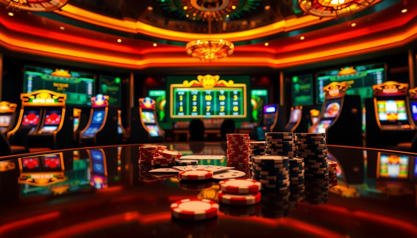 Experience the excitement of 68VIP's online casino with an elegant display of slot machines and poker chips.