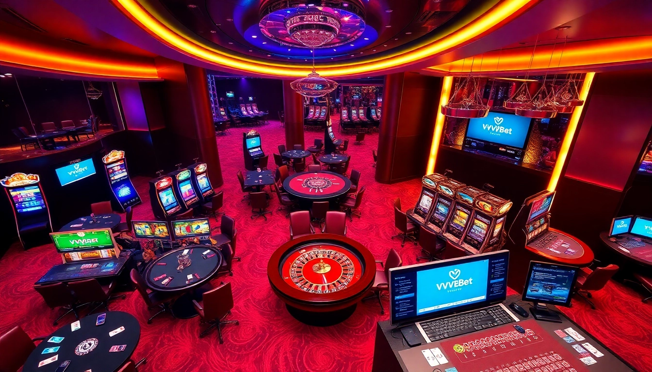 Experimenta juego premium en VVVBet con mesas de casino vibrantes y un ambiente animado.