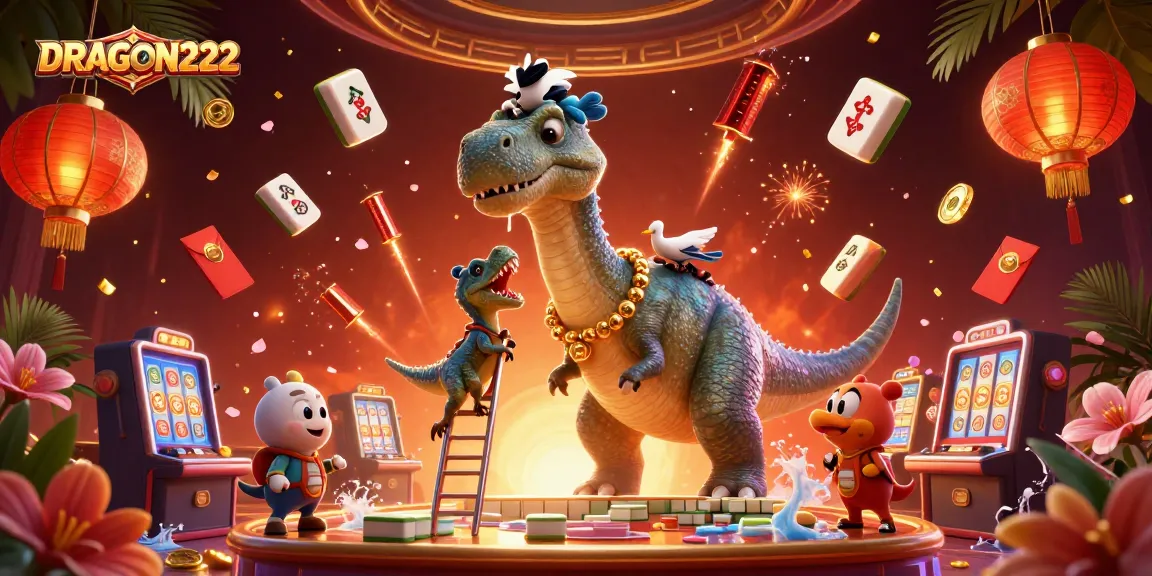 Engage with DRAGON222’s thrilling slot machines under a giant brontosaurus in this vibrant casino scene.