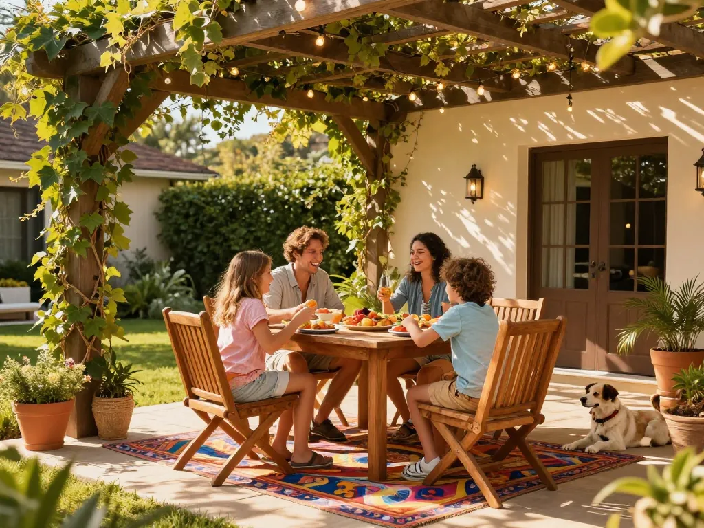 Custom pergola configurator visualizing a family enjoying an outdoor patio under a stylish pergola.