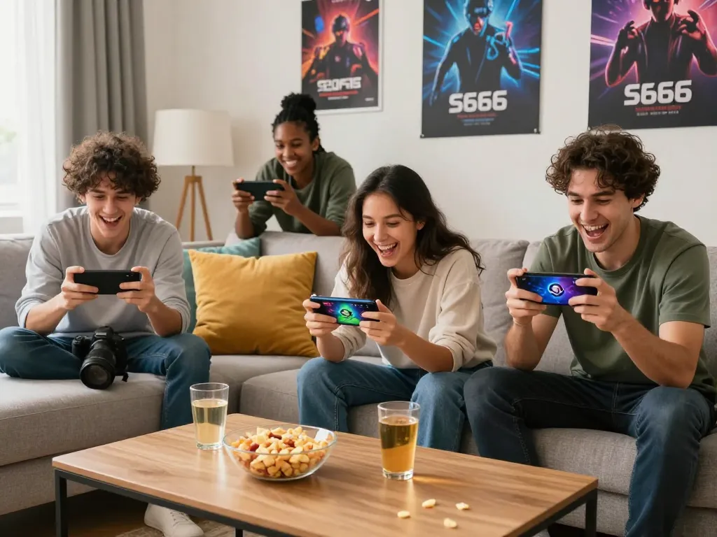 S666 app users celebrating wins together in a cozy gaming environment.