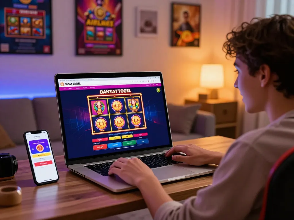 BANTAITOGEL : Situs Gacor Toto Slot Terbaik Dengan Agen Toto Togel Pasaran 4d Terlengkap featuring a user excitedly engaging with the online gaming platform in a vibrant setting.