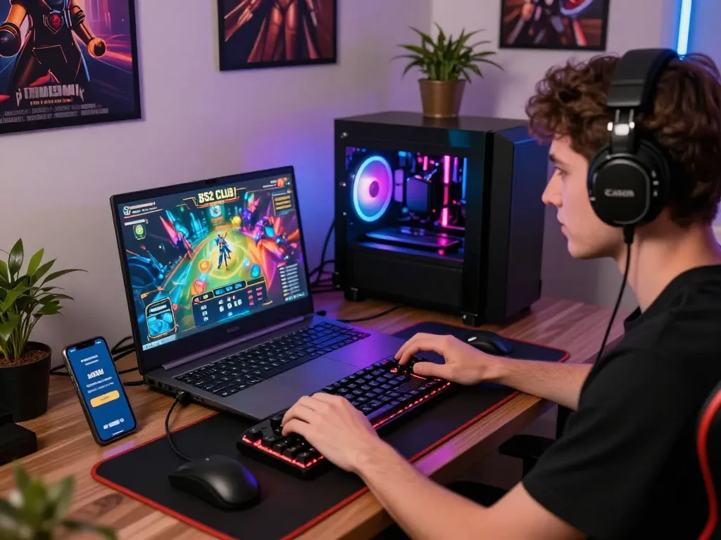 Engaging online gambling scene showcasing a young adult playing tải game b52club on a gaming setup with vibrant graphics and energetic atmosphere.