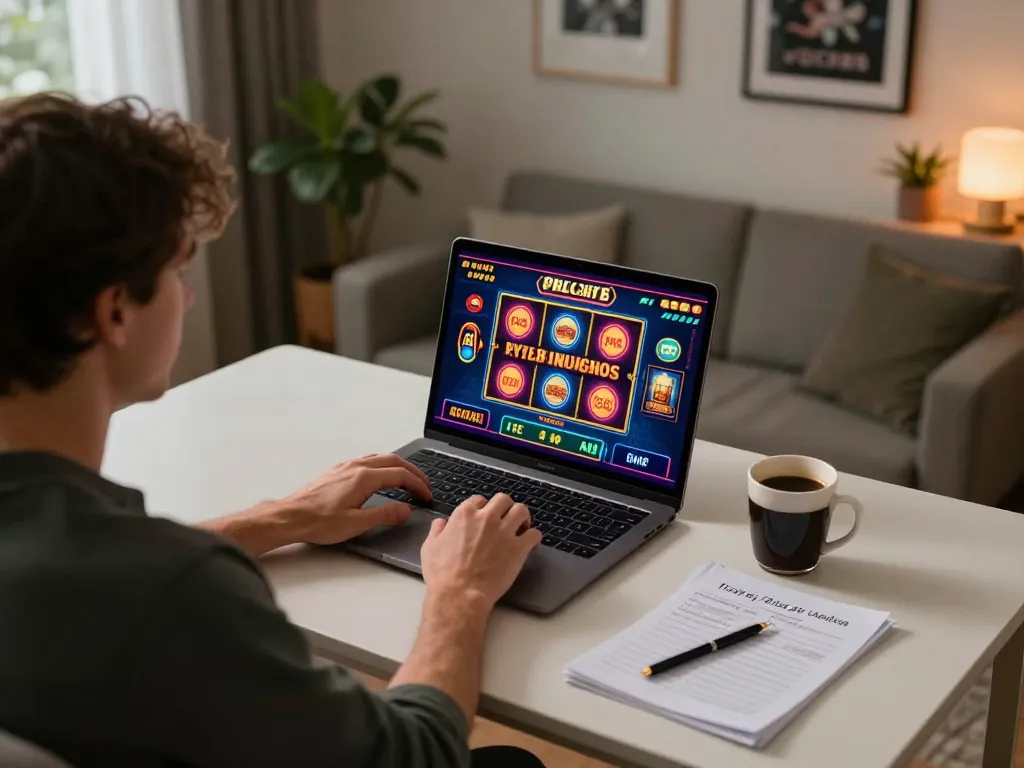 Engaging in an online casino game to claim a Free casino bonus with colorful graphics displayed on the laptop.