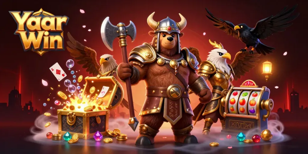Yaar Win brings excitement to players with a Viking bear, eagle, and treasure-themed casino illustration.