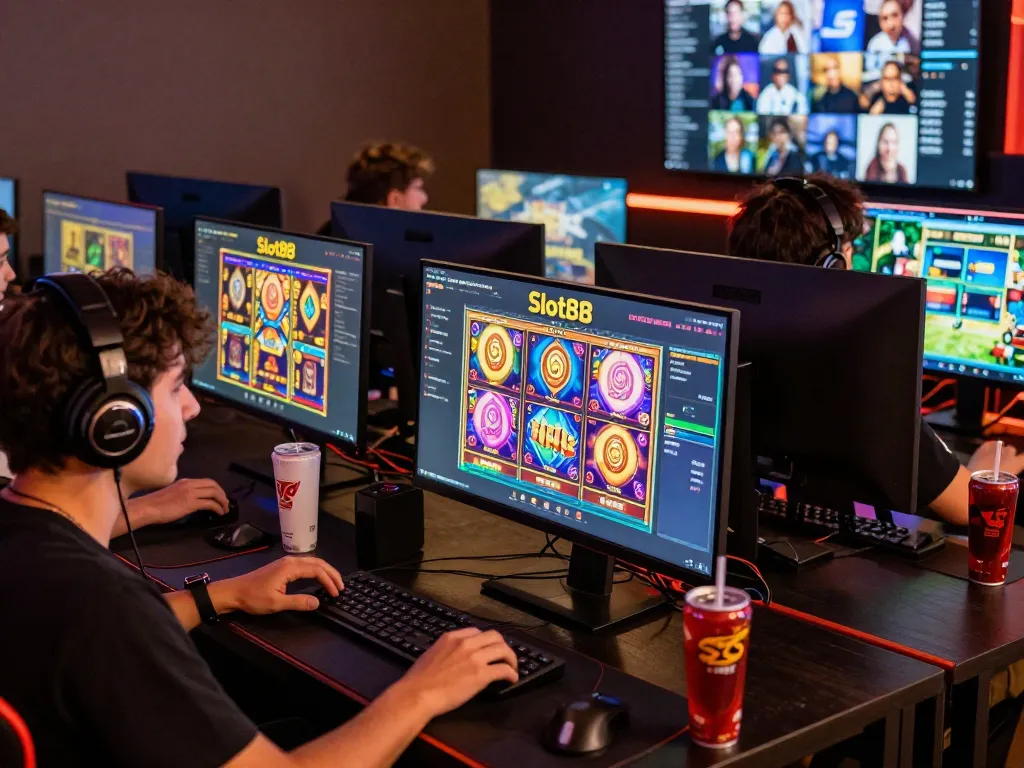 Players engaging with BIUSTOTO's Slot88 gaming platform, vibrant screens, and gaming accessories.