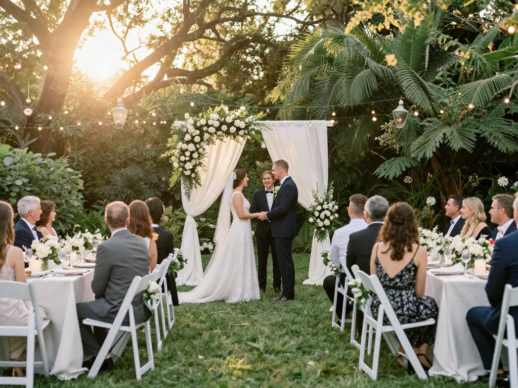 Elegant outdoor wedding scene showcasing premium event rentals with beautiful floral arrangements and romantic lighting.