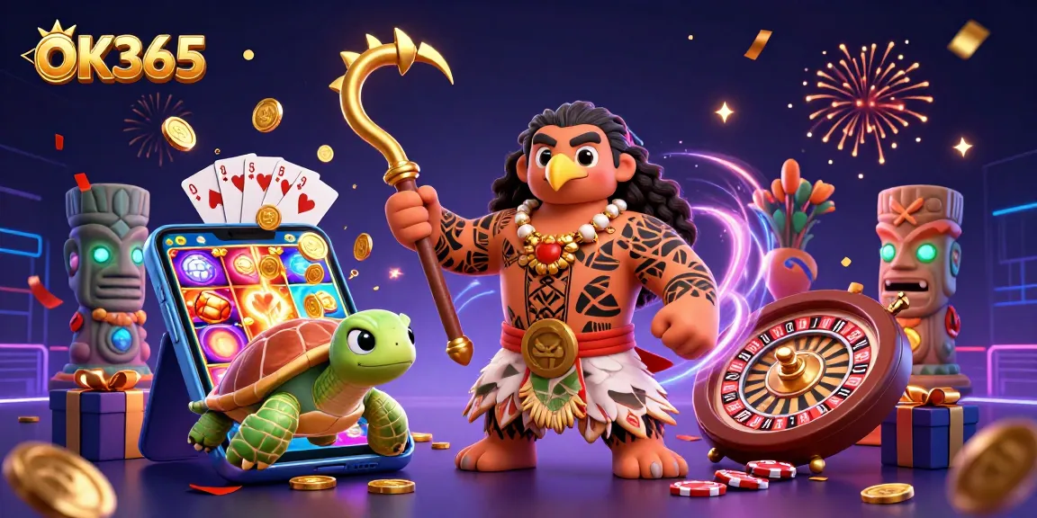Engage with OK365's vibrant casino experience featuring immersive 3D illustrations and dynamic gaming elements.