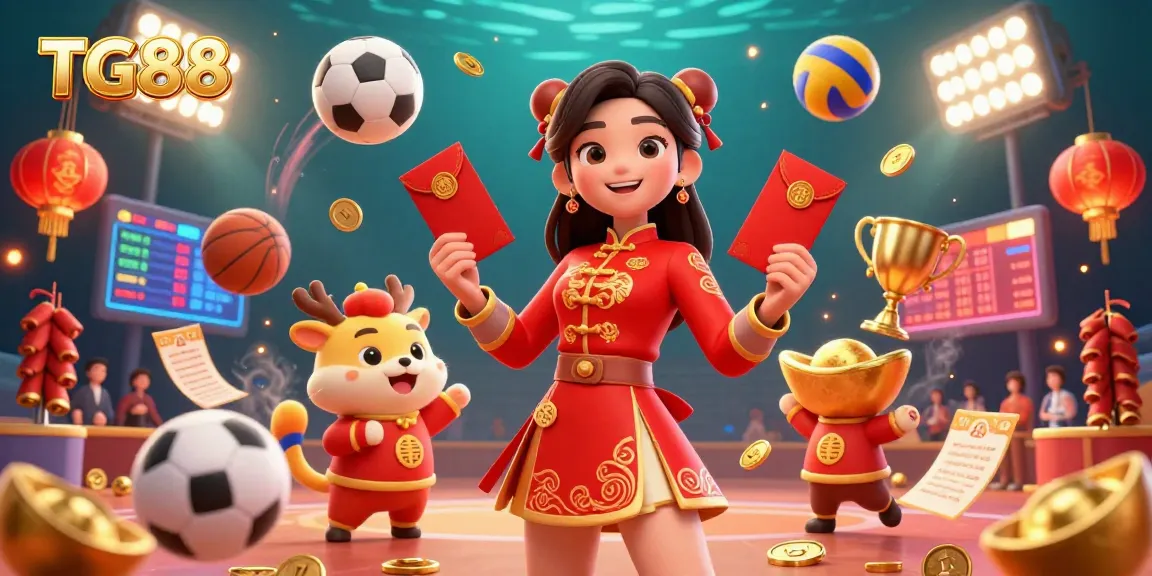 Join the excitement at TG88 with a festive 3D casino scene filled with vibrant elements and sports betting action.