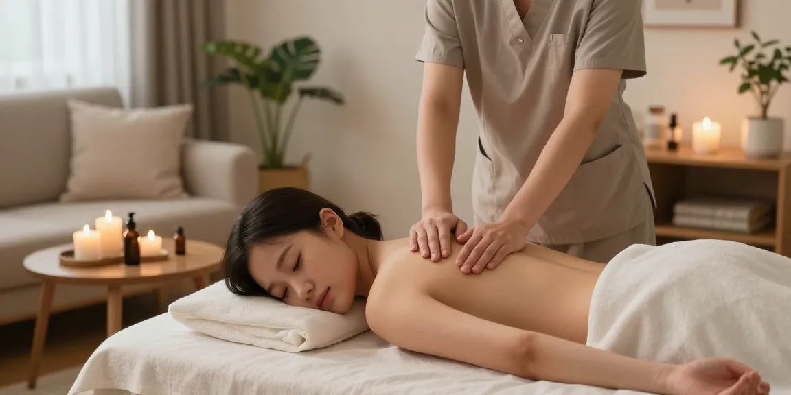 김포출장마사지를 받고 있는 여성, 아로마오일과 촛불로 편안한 분위기에서의 마사지 장면