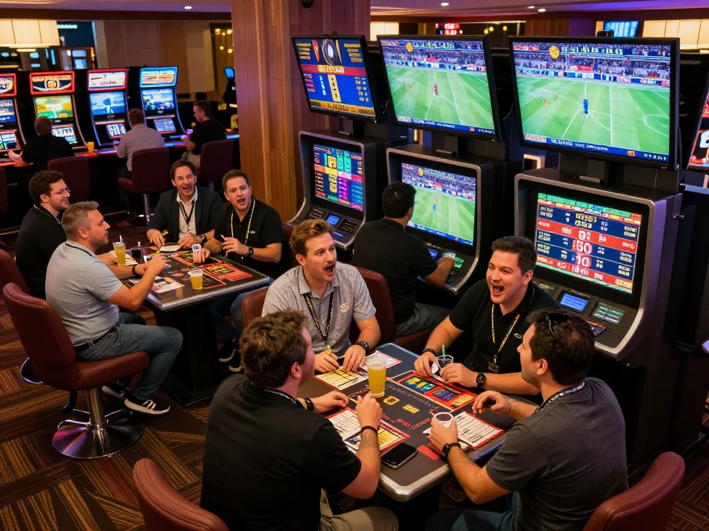 Engaged bettors calculating sports bets at a dynamic ormastoto gaming venue with vibrant atmosphere.