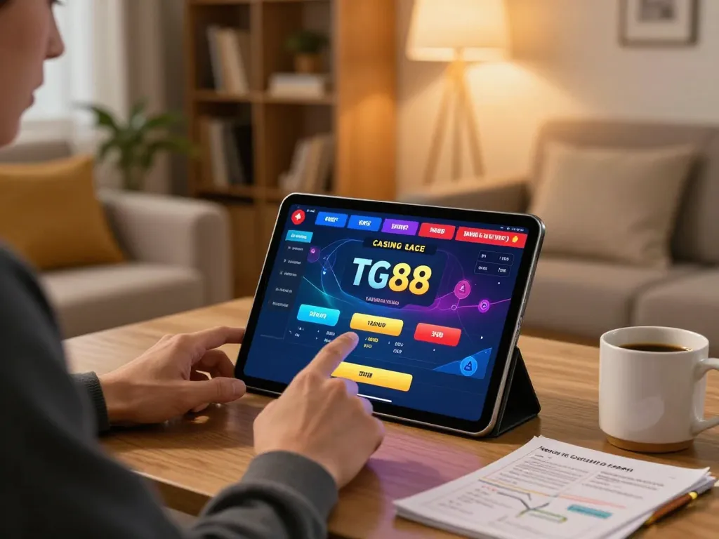 Engaging with the TG88 casino app in a cozy living room, highlighting responsible gaming.