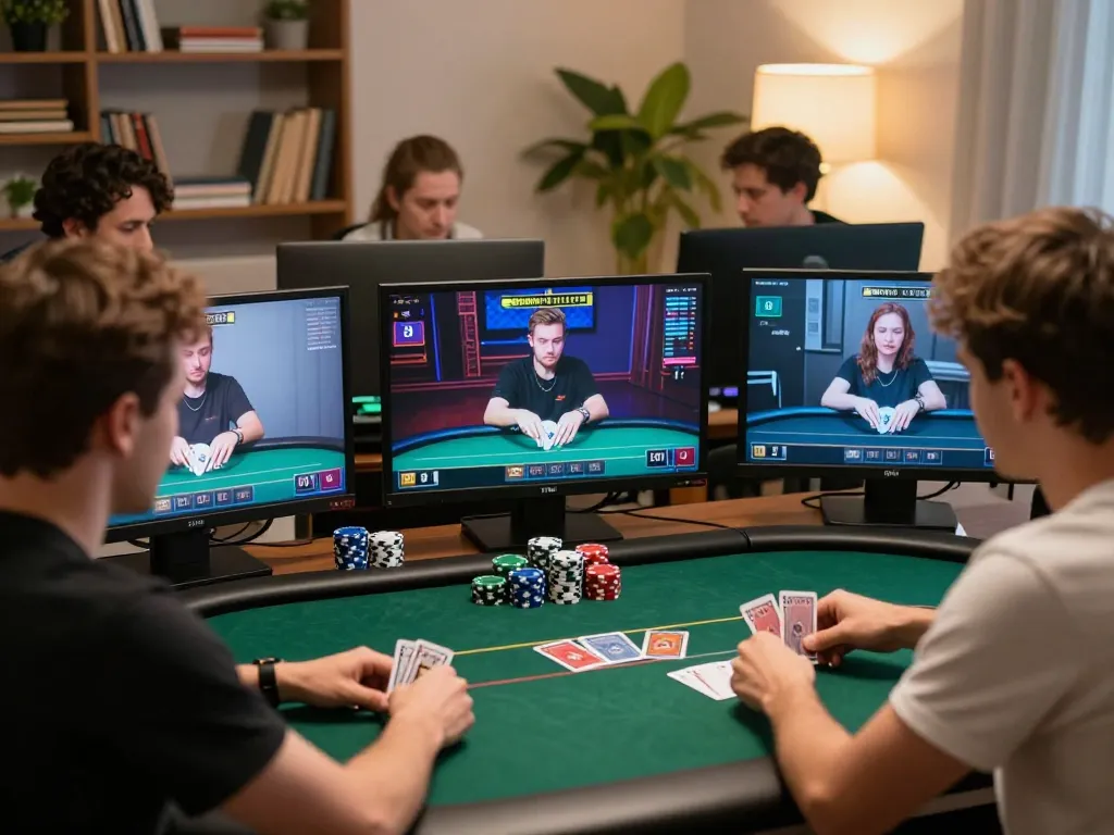 Engaged players strategizing in an online poker game at shbet com, captured in a cozy home office.