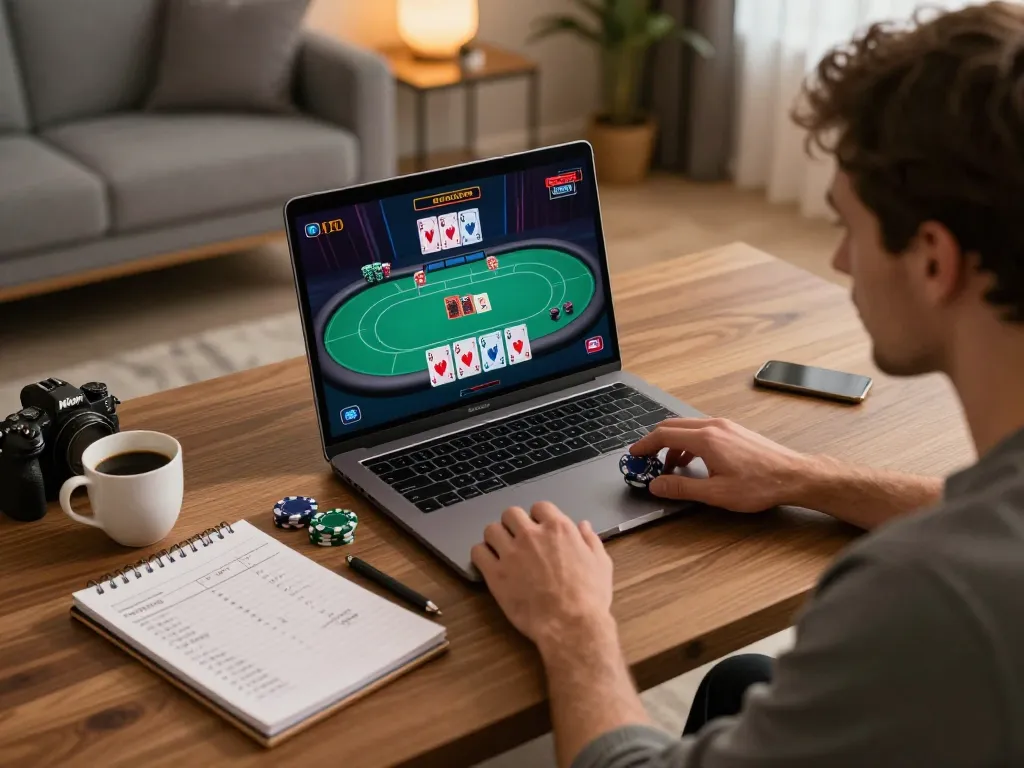 Engaging virtual poker action featuring a player focused on FC88 casino strategies in a modern home setting.