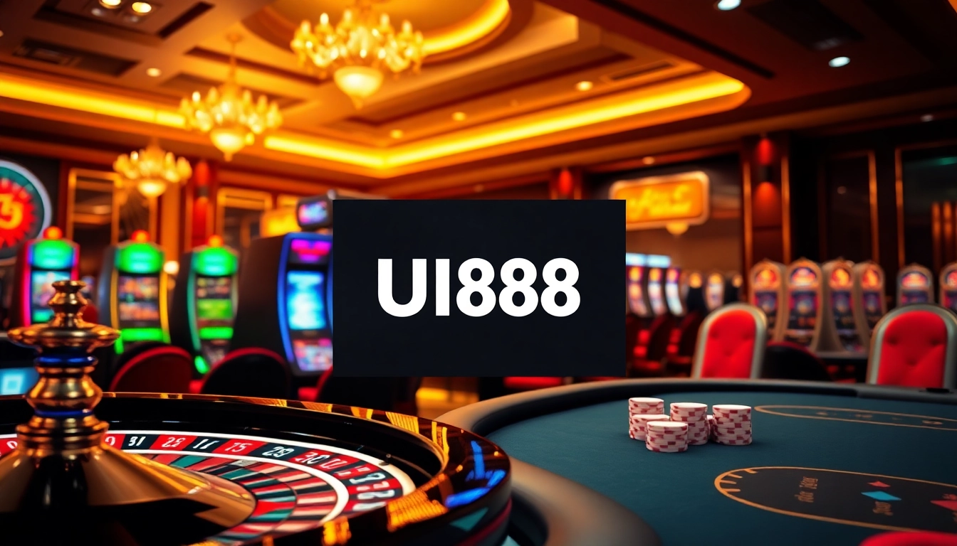 Experience the excitement of UU88 through a luxurious casino scene with roulette and poker tables.