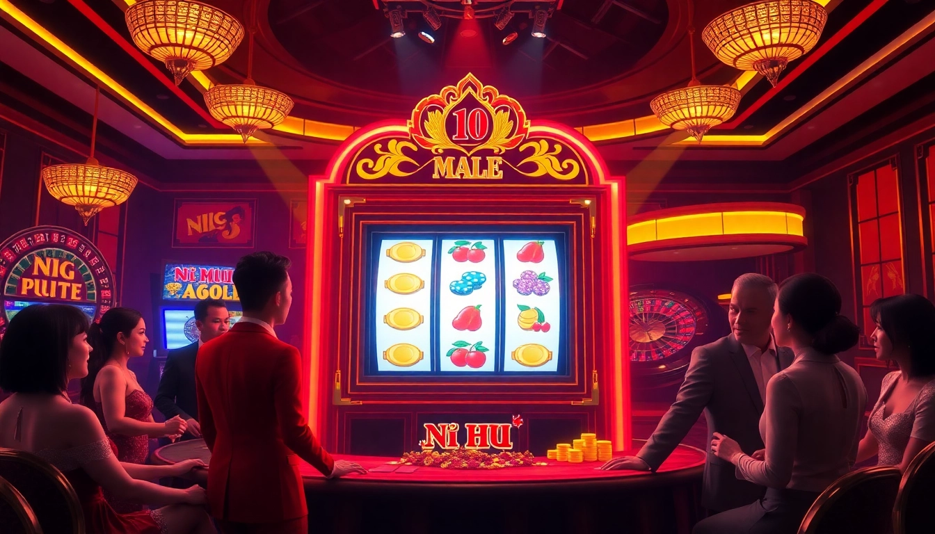 Gambling excitement at a nổ hũ slot machine in a luxurious casino setting.